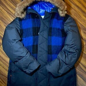 Woolrich Blue and Black Plaid Puffer Coat with Fur Hood